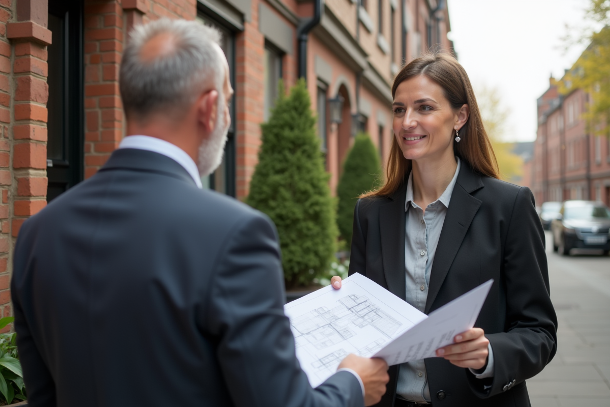 Femme entrepreneure discutant avec un client devant une maison