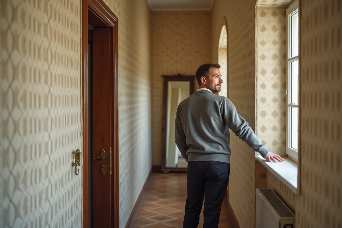 Couloir parisien élégant avec papier peint géométrique beige et crème et homme debout au fond près d'une porte en bois