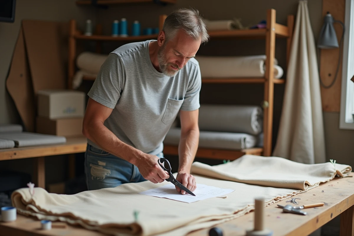 Homme en train de couper du tissu d'ameublement pour retapisser un fauteuil Voltaire dans un atelier DIY à domicile