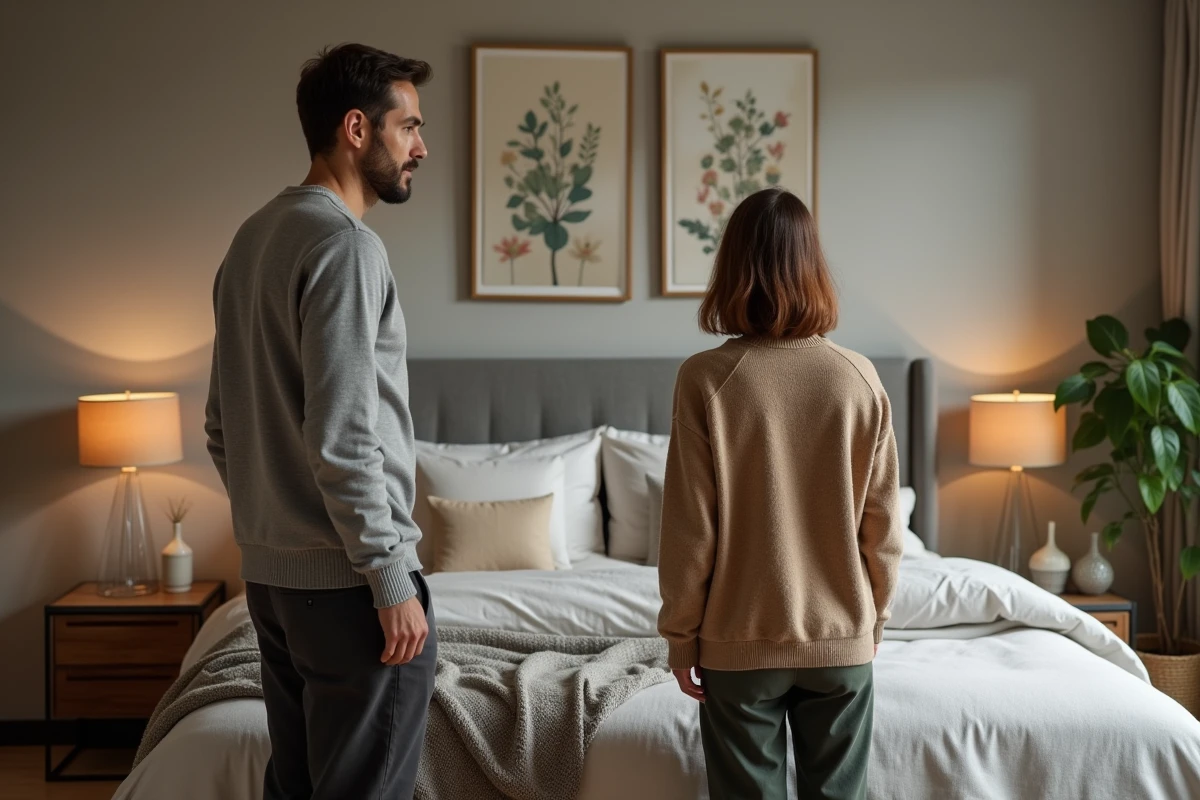 Couple dans leur chambre parentale aménagée selon deux styles personnels différents, chacun dans son espace décoratif au sein d'une pièce commune harmonieuse