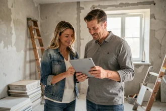 Un couple de particuliers consulte un plan de rénovation sur tablette dans leur salon en travaux, expression confiante et sereine