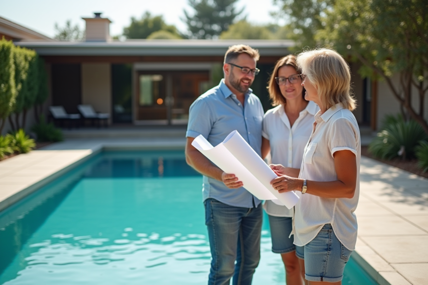 Couple planifiant la construction d'une piscine moderne dans leur jardin