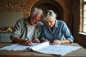 Couple attentif devant plans de rénovation dans cuisine ancienne