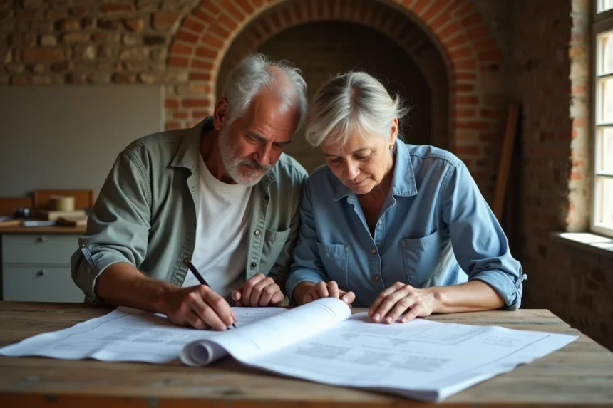 Couple attentif devant plans de rénovation dans cuisine ancienne