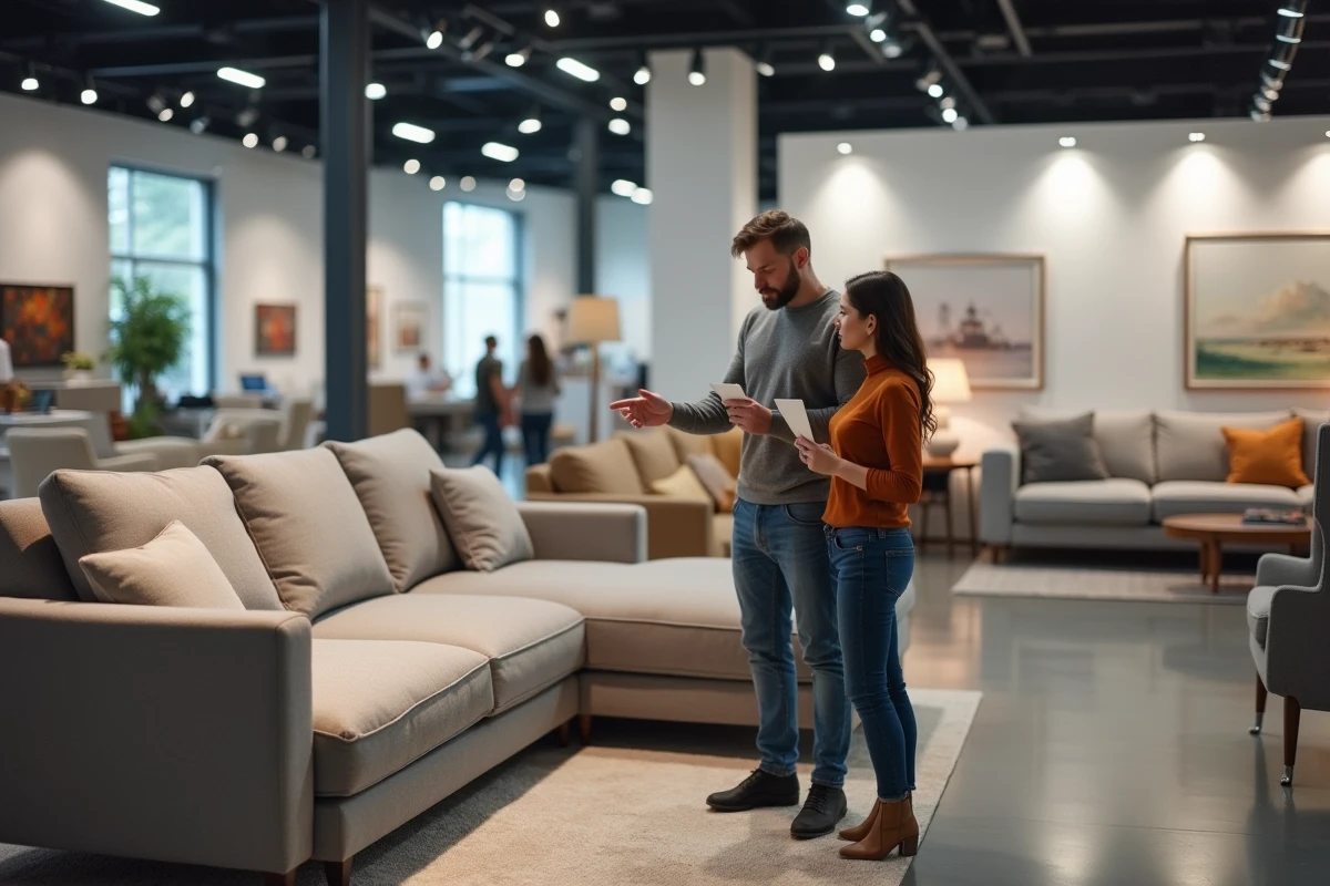 Couple inspectant un canapé modulable dans un showroom de mobilier avant de souscrire à un pack AMEUBLEA, discutant des options disponibles