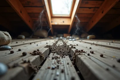 Crottes de fouine sur les solives d'un grenier avec dégâts visibles sur l'isolation et les câbles électriques