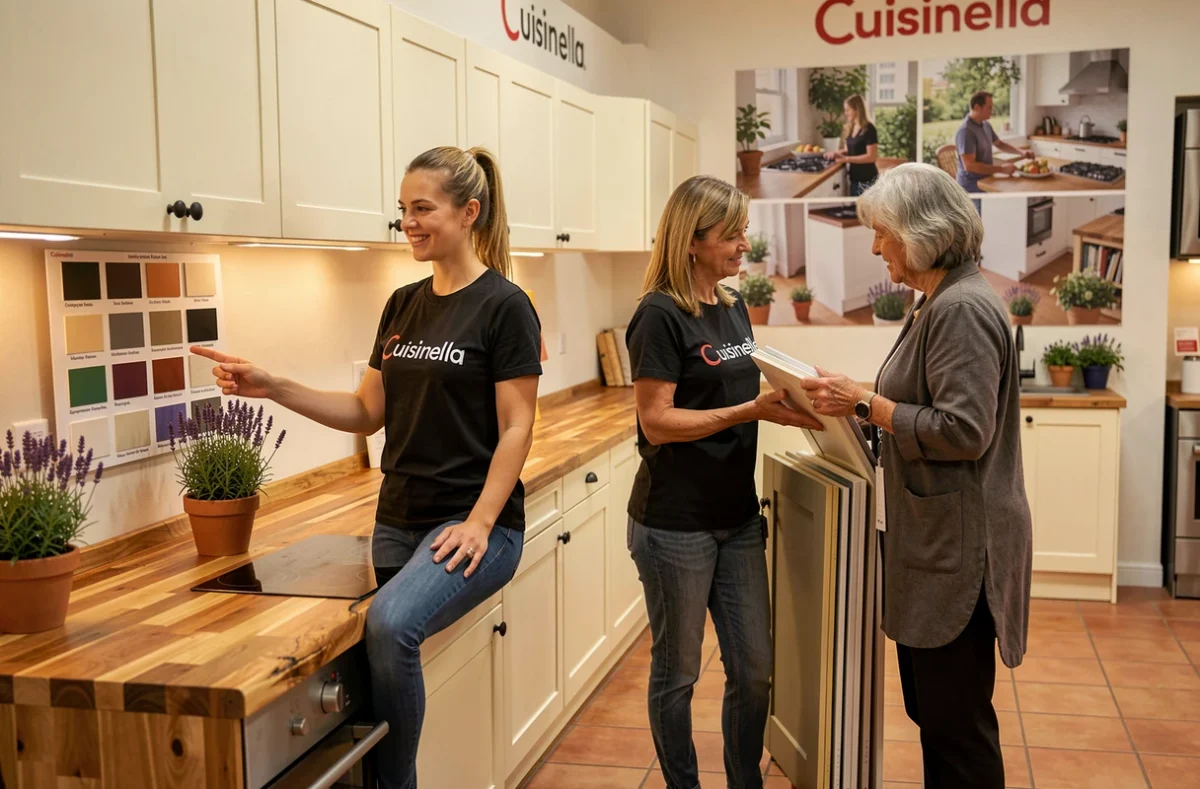 Magasin Cuisinella à Albi avec une cuisine en bois chaud et une conseillère présentant des échantillons à une cliente