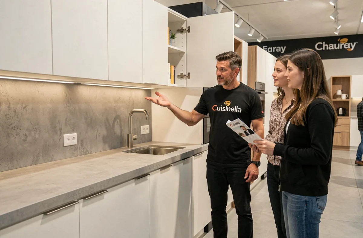 Cuisine Cuisinella exposée à Chauray avec des façades blanches mates et un plan de travail effet béton, avec un conseiller et des clients