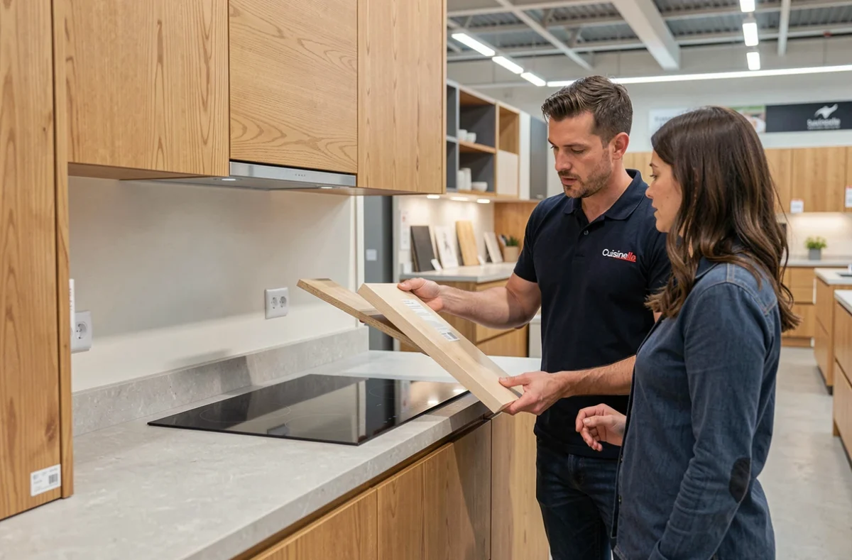 Espace cuisine Cuisinella à Niort avec des meubles en chêne clair et un plan de travail gris pierre