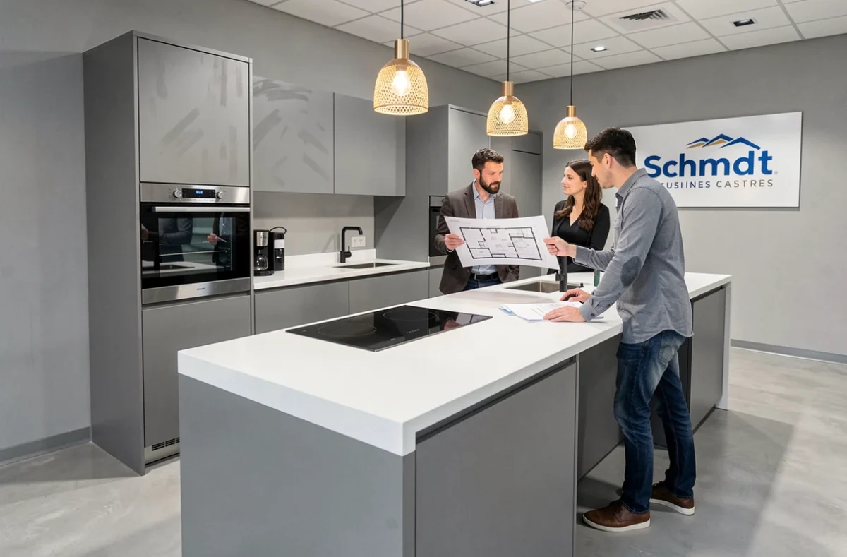 Showroom Cuisines Schmidt à Castres avec une cuisine grise sans poignées et un couple en consultation avec un designer