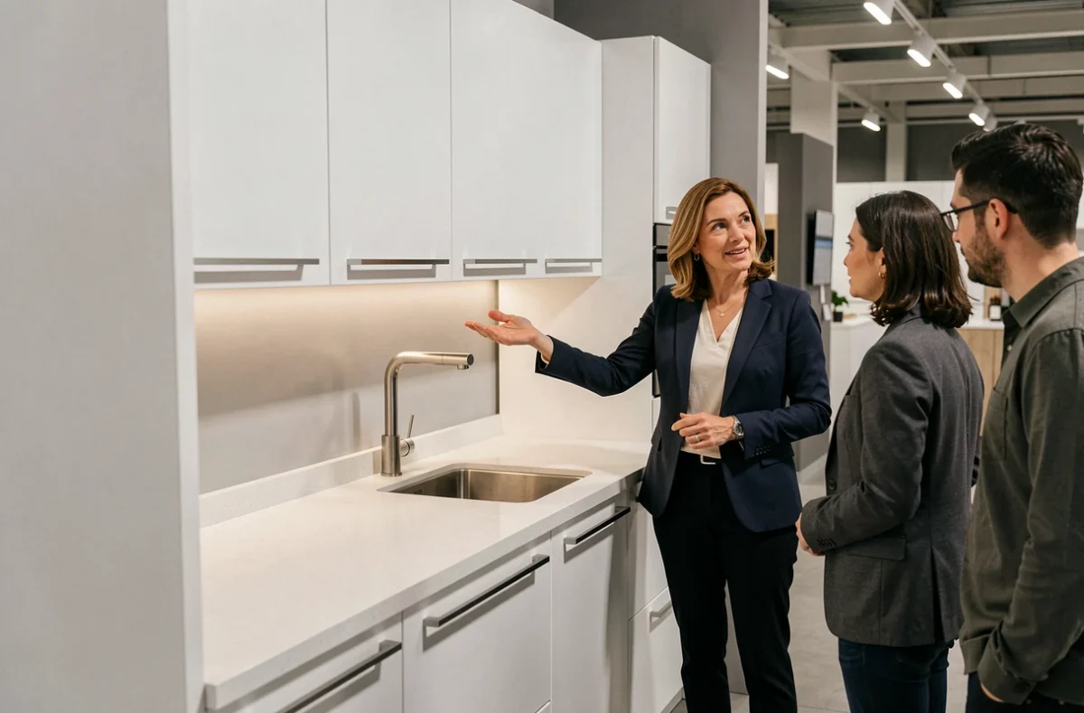 Cuisine Schmidt exposée dans le showroom de Chauray avec des façades blanches laquées et un plan de travail en quartz