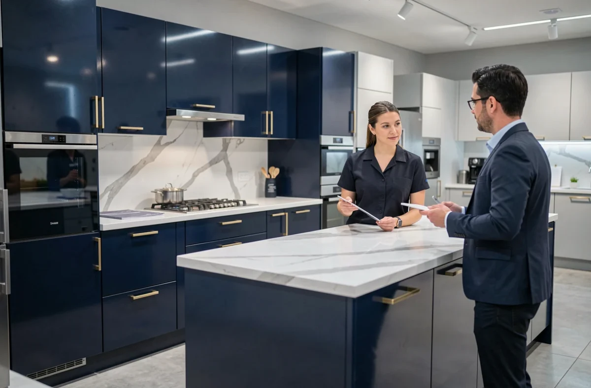Modèle phare de cuisine Schmidt à Niort avec des façades bleu marine, des poignées dorées et un plan de travail en marbre blanc