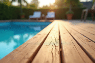 Dallage en bois autour d'une piscine bleue en extérieur