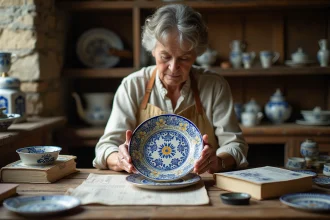 Mains expertes examinant le dos d'une assiette ancienne de la Faïencerie Henriot Quimper pour identifier le poinçon de datation