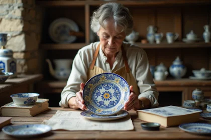 Mains expertes examinant le dos d'une assiette ancienne de la Faïencerie Henriot Quimper pour identifier le poinçon de datation