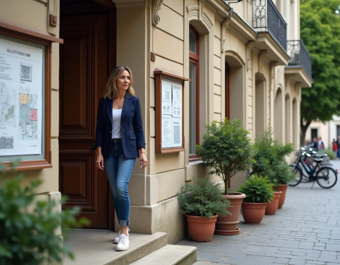 Femme consultant un affichage de déclaration préalable de travaux clôture en mairie sur terrain non bâti