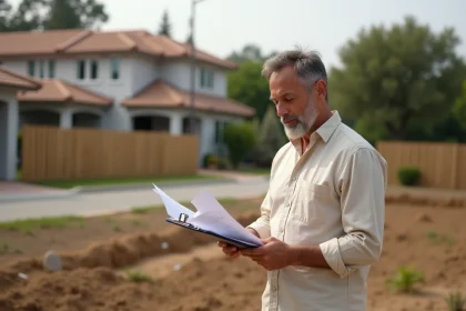 Propriétaire consultant un dossier de déclaration de travaux pour la pose d'une clôture sur terrain non bâti