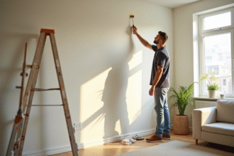 Décorateur maison peignant un mur dans un appartement lumineux