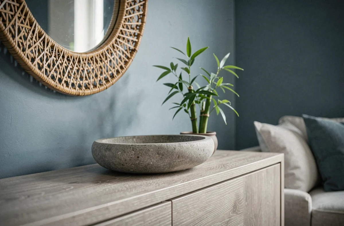 Détail de décoration feng shui avec miroir en rotin, pierres naturelles et bambou sur mur bleu poudré dans un salon