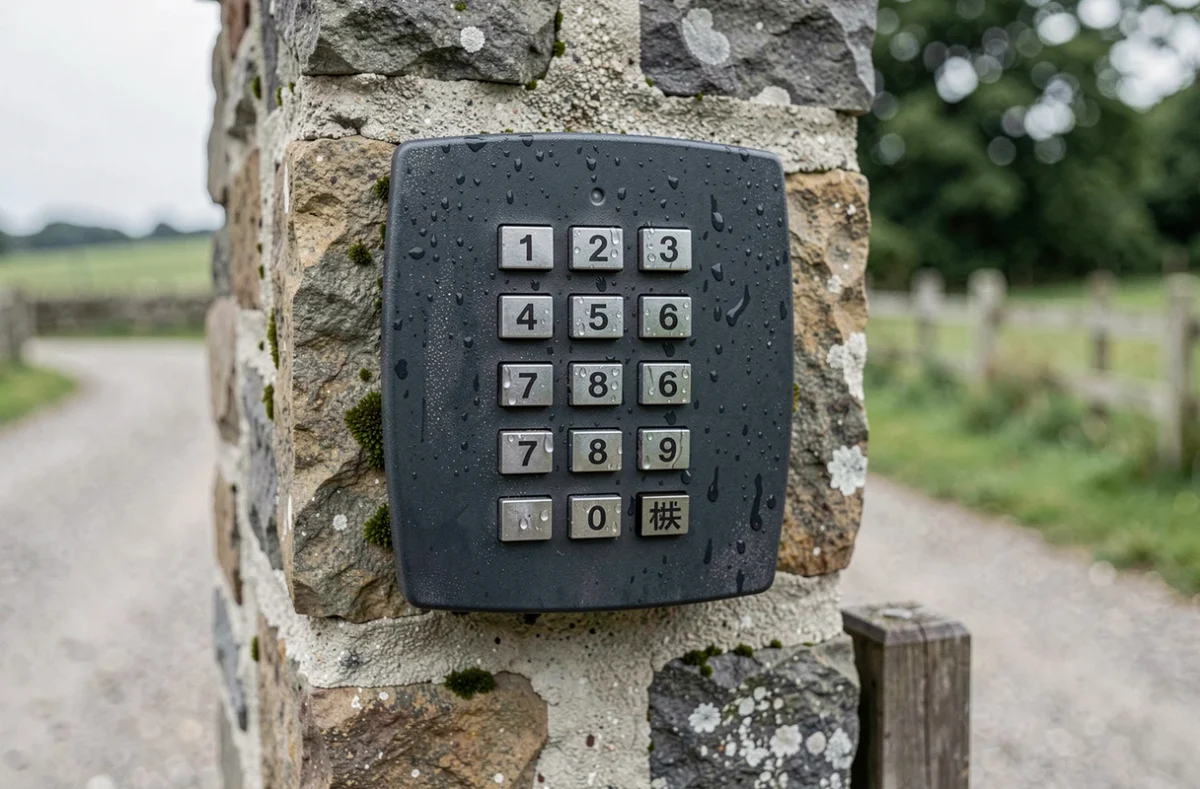 Gros plan sur un digicode de portail installé sur un pilier en pierre à l'entrée d'un gîte rural