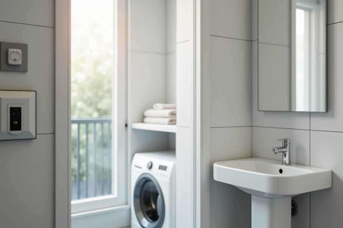 Tableau électrique avec disjoncteur différentiel type A dans une salle de bain résidentielle avec douche électrique