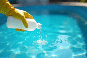 Main versant de l'eau de piscine avec du bleach et gants de sécurité