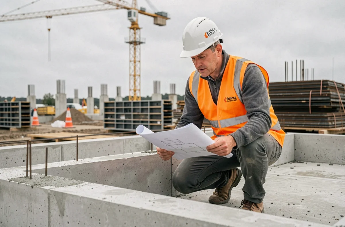 Chef de chantier d'Édifice Construction inspectant une dalle en béton fraîchement coulée sur un grand chantier de construction dans le Grand Est