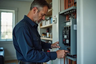 Électricien vérifiant un disjoncteur dans un tableau électrique