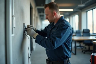 Électricien professionnel installant une prise sur goulotte PVC blanche fixée au mur dans un bureau moderne