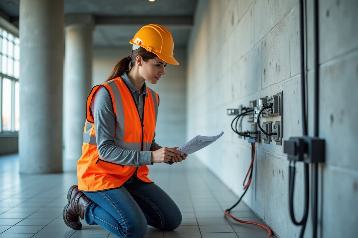 Électricienne consultant un plan technique devant une goulotte murale avec plusieurs prises dans un local commercial rénové