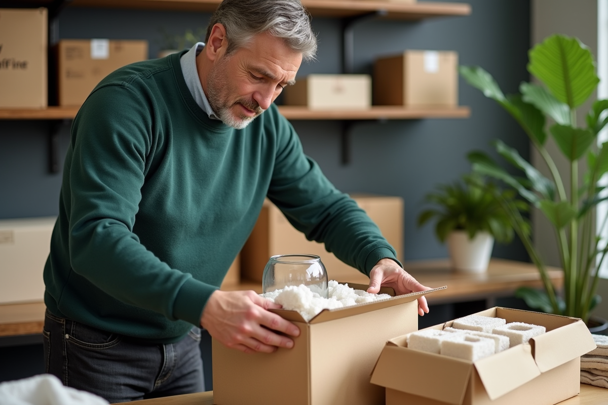 Homme préparant un colis avec des matériaux d