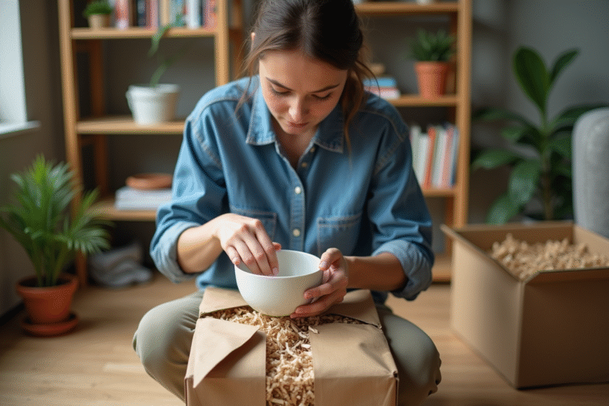 Femme emballant une céramique avec du carton recyclé dans un appartement cosy