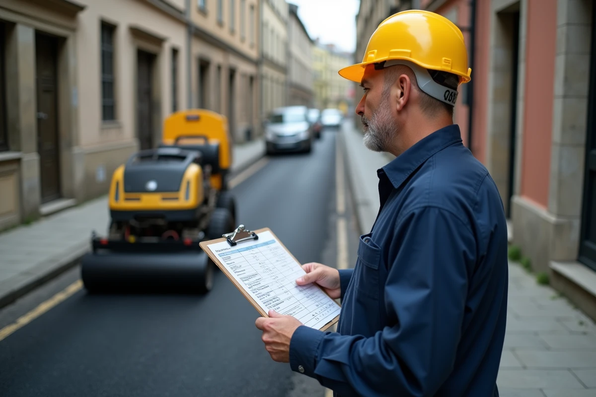Entrepreneur travaux publics expliquant le devis d'enrobé sur chantier de voirie urbaine