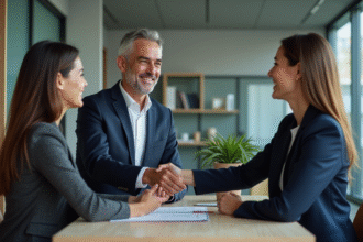 Homme d'affaires serrant la main d'un couple souriant