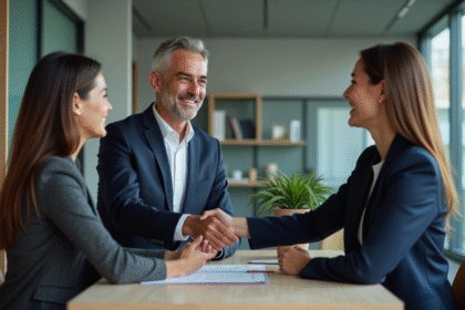 Homme d'affaires serrant la main d'un couple souriant