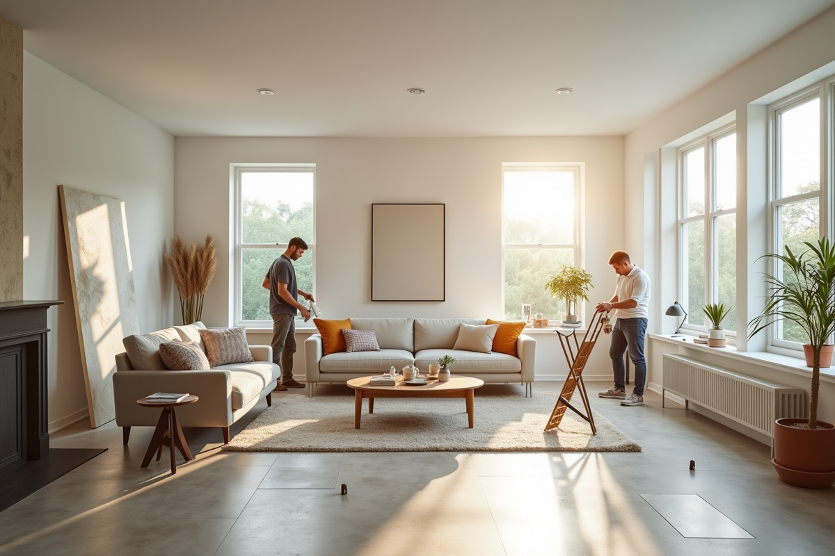 Equipe de home stagers arrangeant meubles dans un espace lumineux