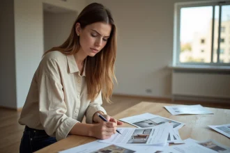 Femme examinant attentivement un contrat de pack mobilier AMEUBLEA avant de signer, entourée de catalogues et documents sur une table en bois dans un appartement vide