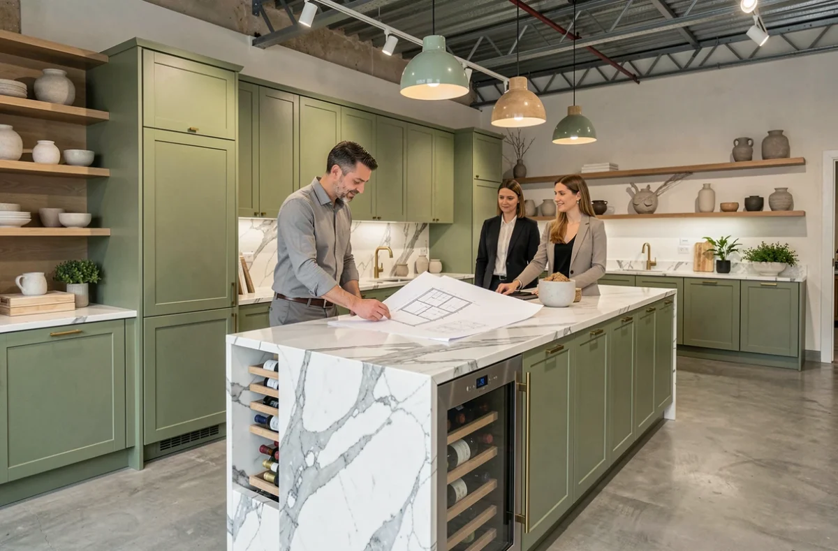 Showroom Esprit Cuisine à Albi avec une cuisine verte sauge haut de gamme et un designer consultant avec une cliente élégante