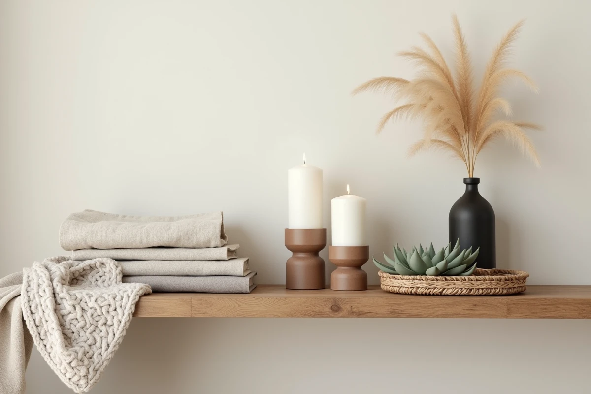 Étagère murale de location décorée avec bougies en argile, plaid tricoté, herbe de pampa séchée et plateau en rotin selon l'esthétique hygge scandinave