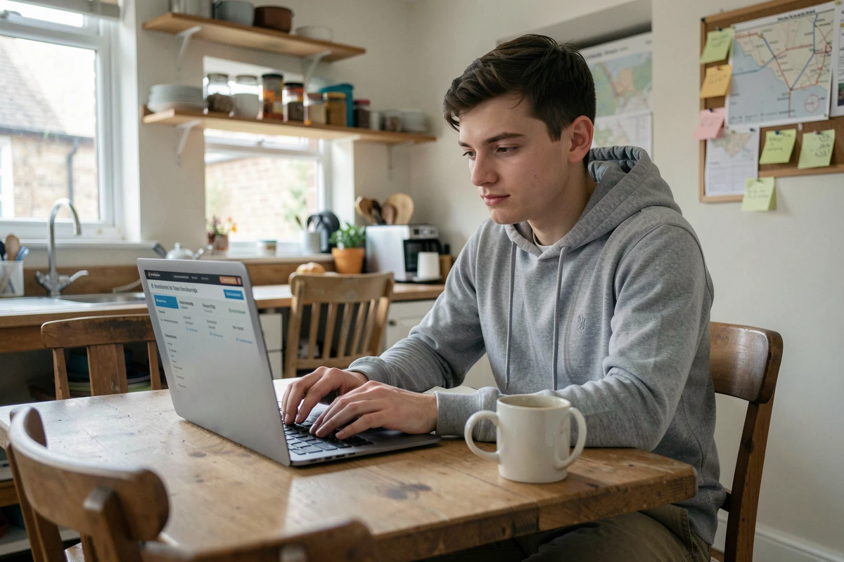Étudiant masculin recherchant le prix d'une assurance habitation sur son ordinateur portable