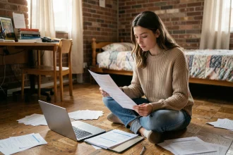 Étudiante comparant des documents d'assurance habitation dans son petit appartement étudiant