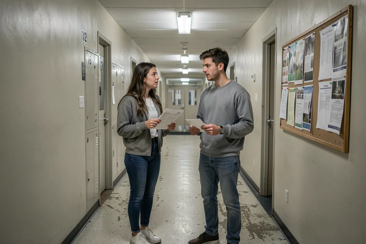 Deux étudiants discutant d'un contrat d'assurance habitation dans le couloir d'une résidence universitaire