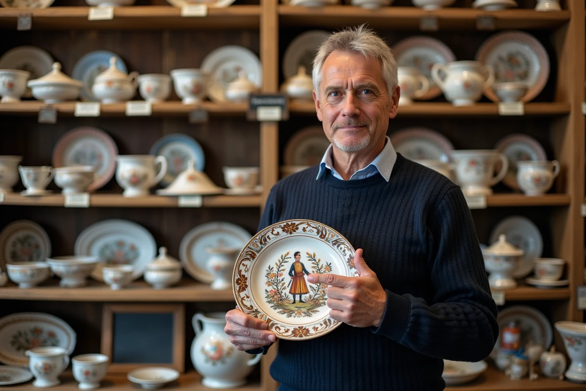 Expert en faïence bretonne présentant une pièce ancienne Henriot Quimper dans une boutique d'antiquités, pointant la marque de fabrique permettant la datation