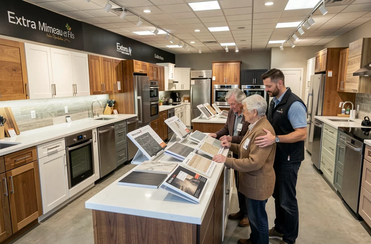 Intérieur du magasin Extra Mimeau et Fils avec plusieurs modèles de cuisines exposés et un conseiller aidant des clients