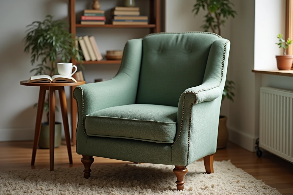 Fauteuil Voltaire retapissé avec du tissu vert sauge et des clous tapissiers dorés dans un salon cosy, résultat d'un tutoriel débutant