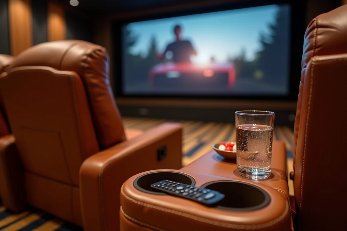 Détail des sièges en cuir cognac d'une salle de cinéma privée avec accoudoirs en bois et porte-gobelets intégrés