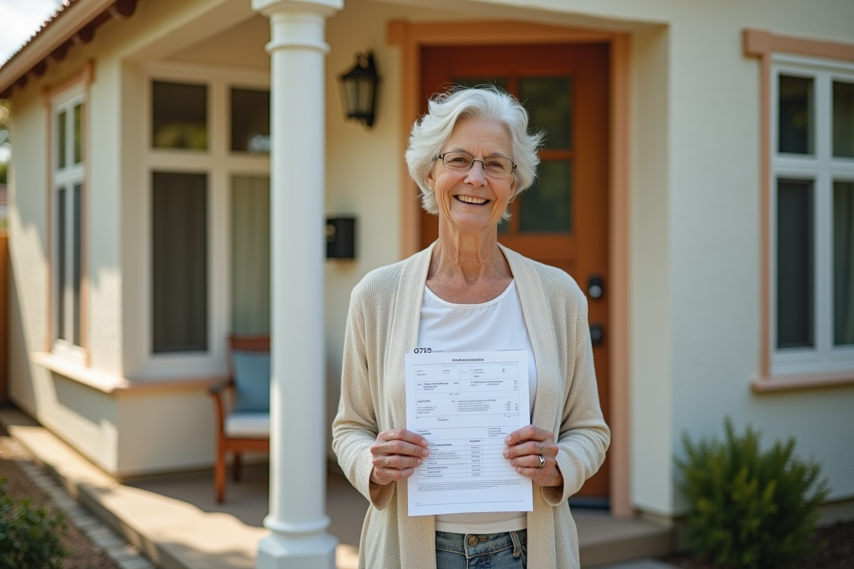 Femme souriante tenant un devis de nettoyage devant sa maison