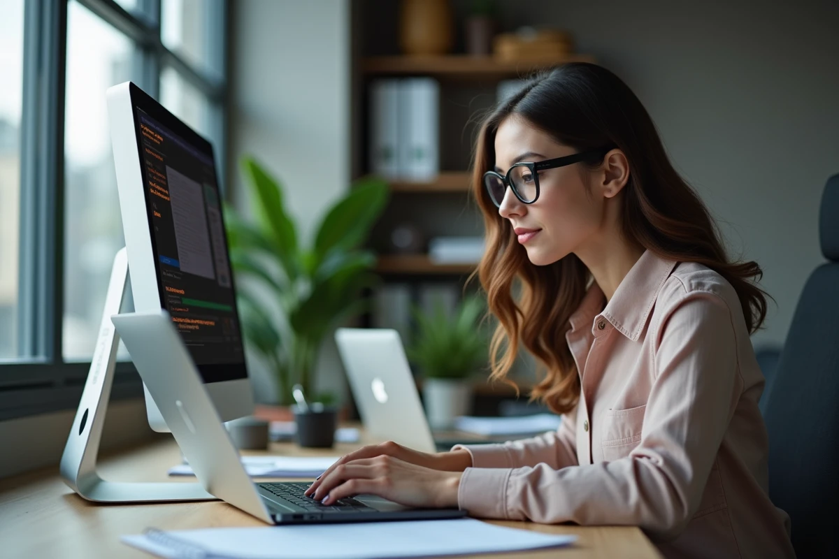 Jeune femme travaillant sur son ordinateur au bureau