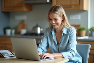 Femme en blouse bleue et jeans utilisant un ordinateur dans la cuisine