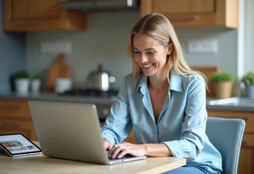 Femme en blouse bleue et jeans utilisant un ordinateur dans la cuisine
